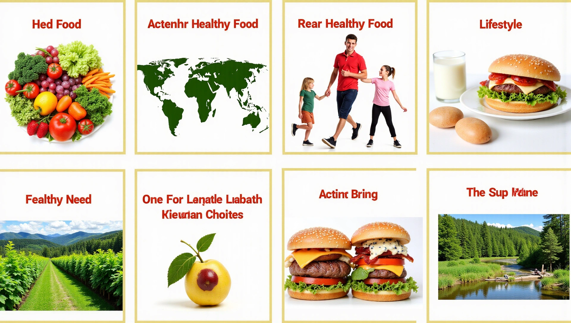 Vibrant image depicting a healthy and active lifestyle with fresh food, green landscapes, and people exercising.