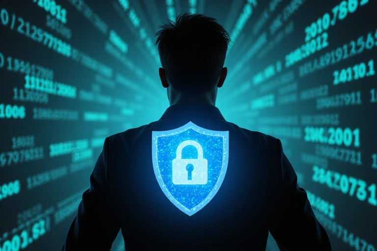 Person protecting digital data with a shield, symbolizing privacy and security.